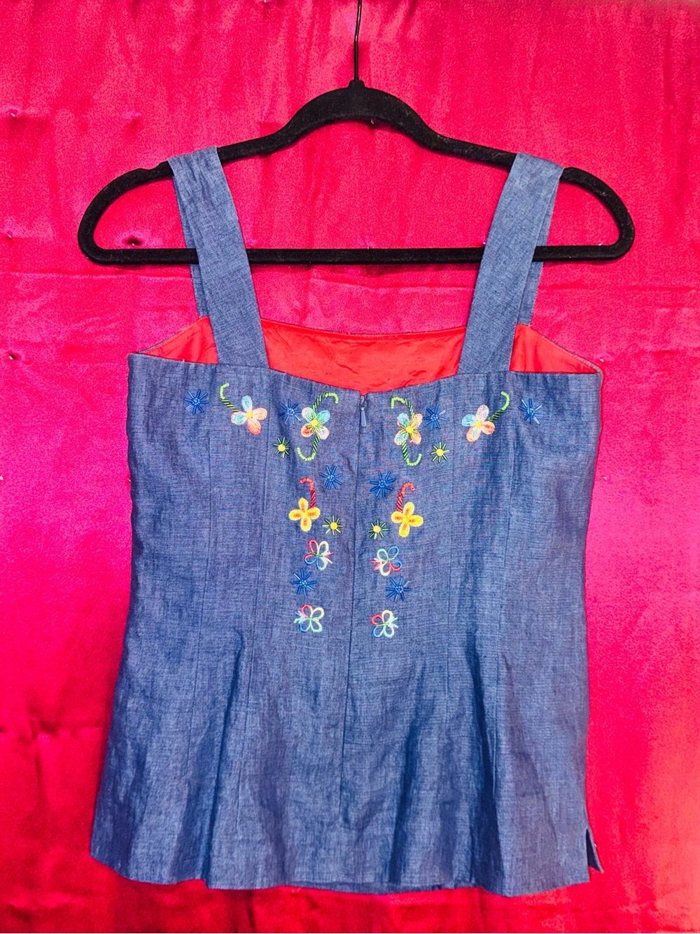 👑 Size 4 Designer Donna Morgan Navy Embroidered Denim Tank Dress - Picture 7 of 16